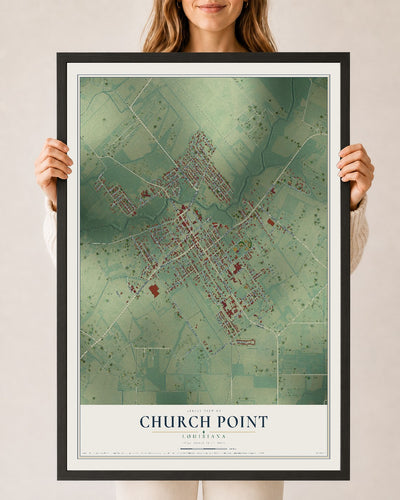 Map of Church Point, Louisiana, 24 x 36 inch print in a black wood frame