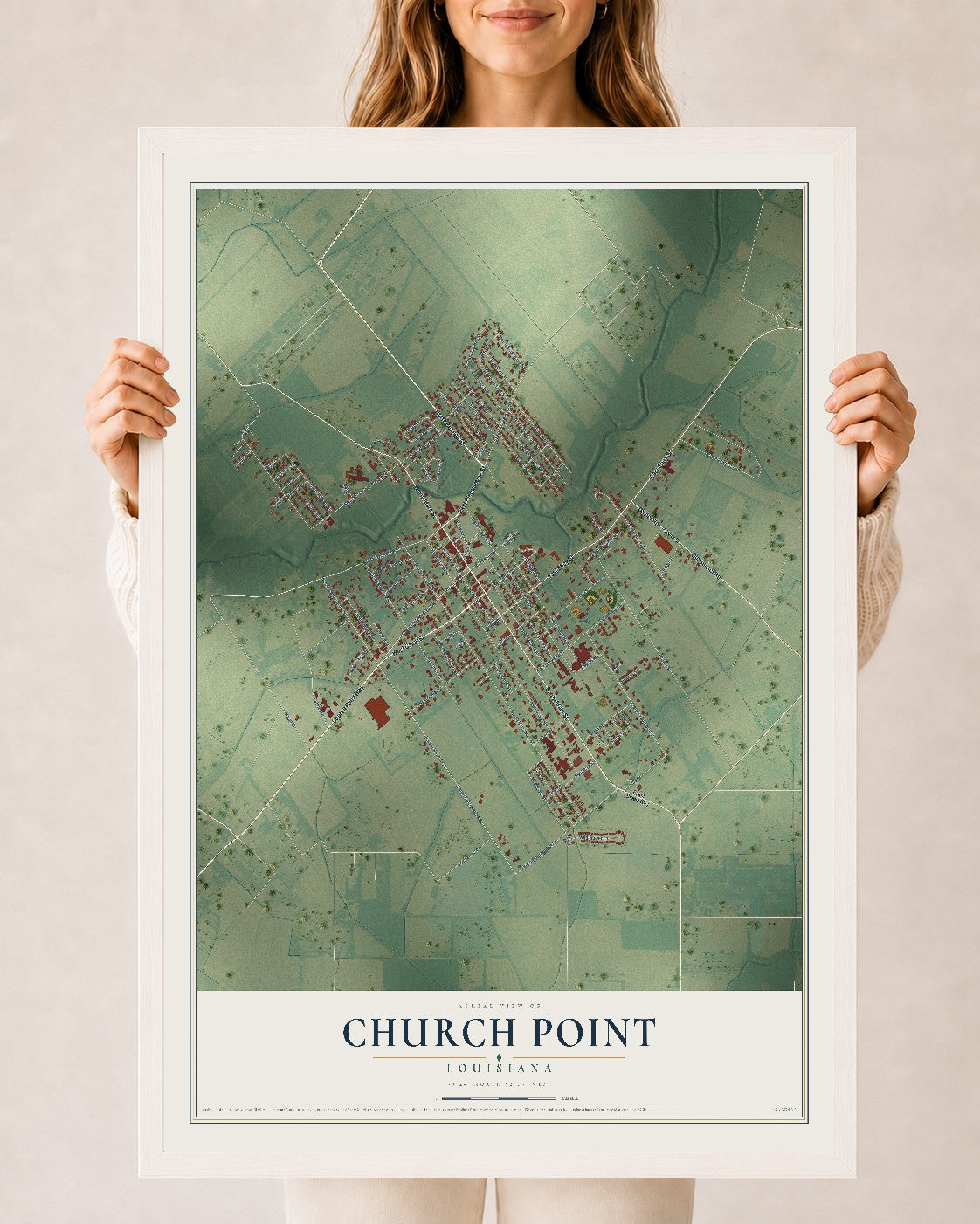Map of Church Point, Louisiana, 24 x 36 inch print in a white wood frame