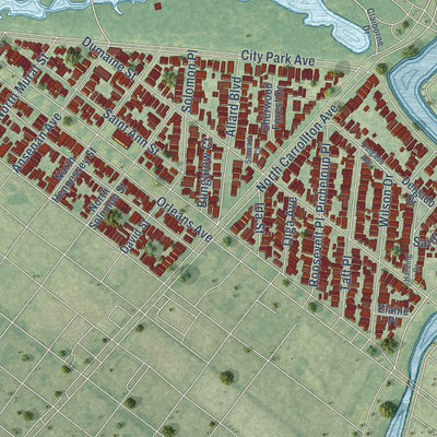 Close-up of the map of City Park, Louisiana print showing street and building detail