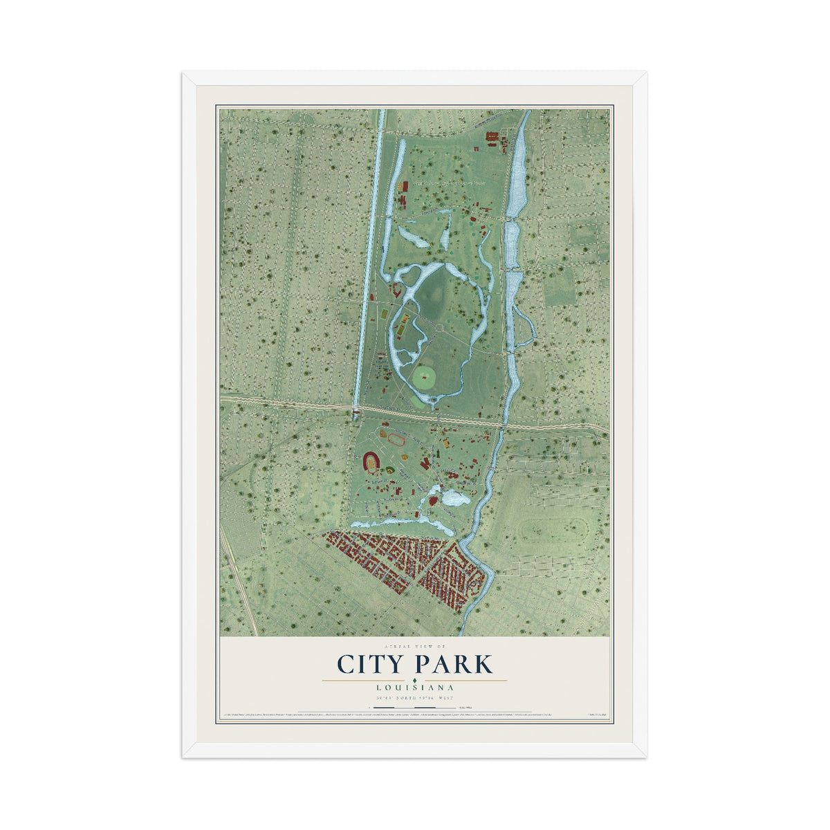 Map of City Park, Louisiana, 12 x 18 inch print in a white wood frame