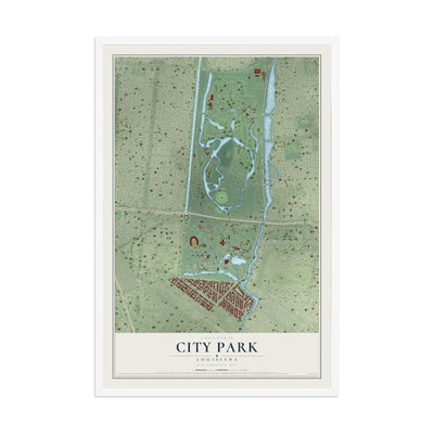 Map of City Park, Louisiana, 12 x 18 inch print in a white wood frame