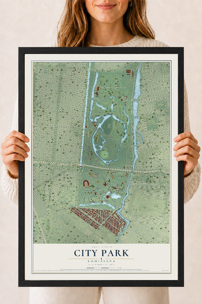 Map of City Park, Louisiana, 18 x 24 inch print in a black wood frame