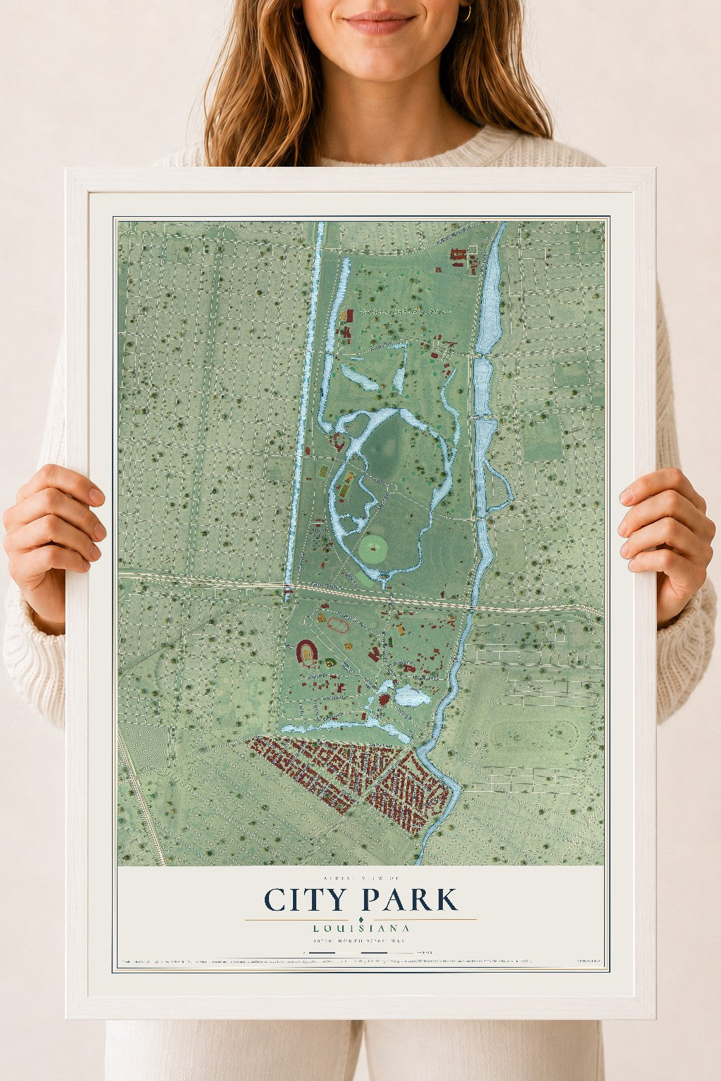 Map of City Park, Louisiana, 18 x 24 inch print in a white wood frame