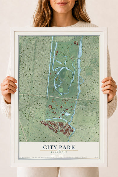Map of City Park, Louisiana, 18 x 24 inch print in a white wood frame