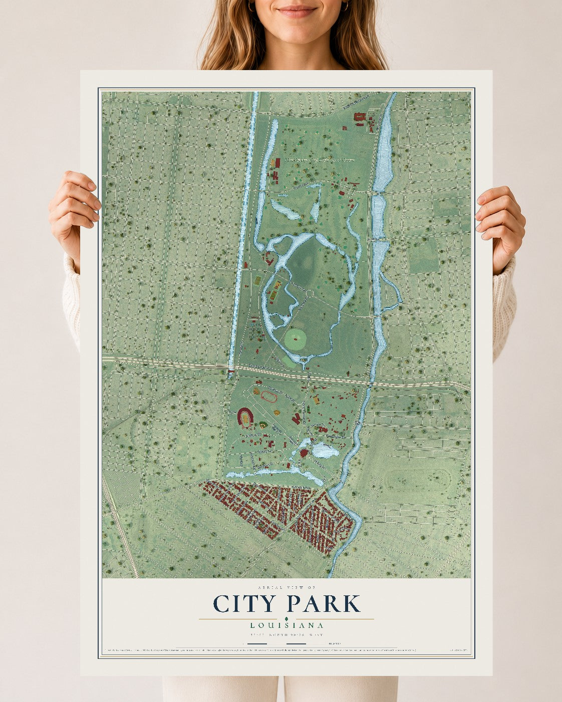 Map of City Park, Louisiana, 24 x 36 inch unframed archival matte print