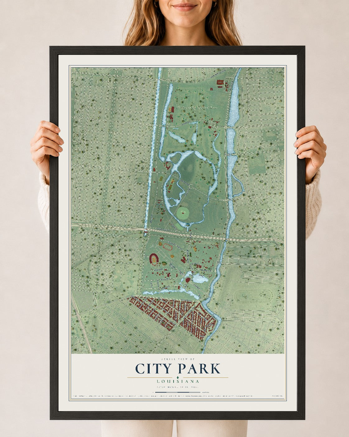 Map of City Park, Louisiana, 24 x 36 inch print in a black wood frame
