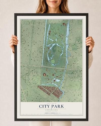 Map of City Park, Louisiana, 24 x 36 inch print in a black wood frame