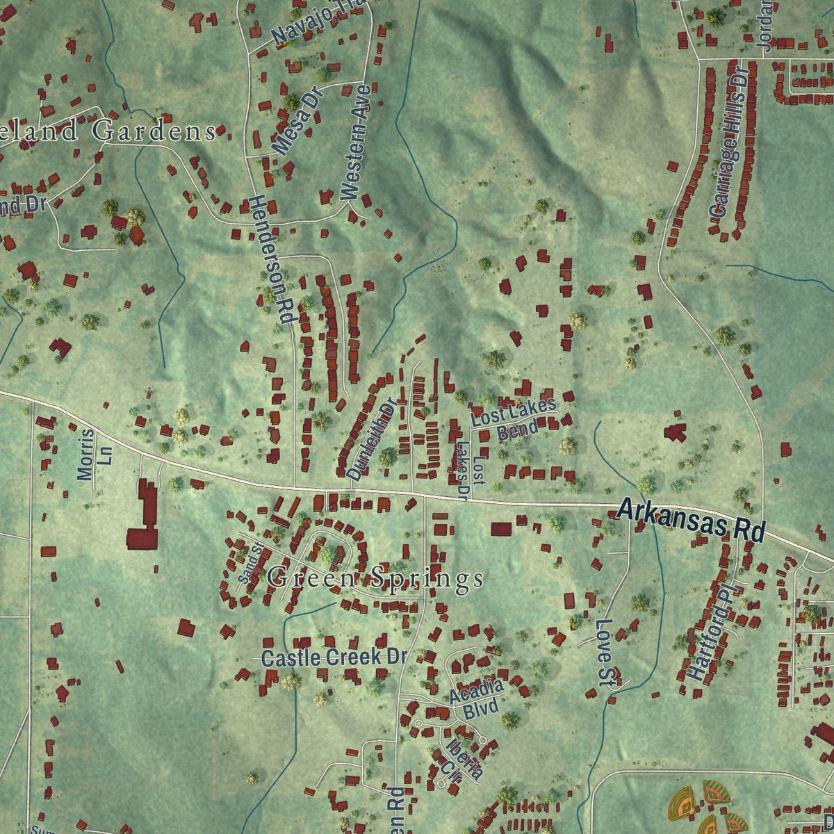 Second close-up of the map of Claiborne, Louisiana print showing more streets and buildings