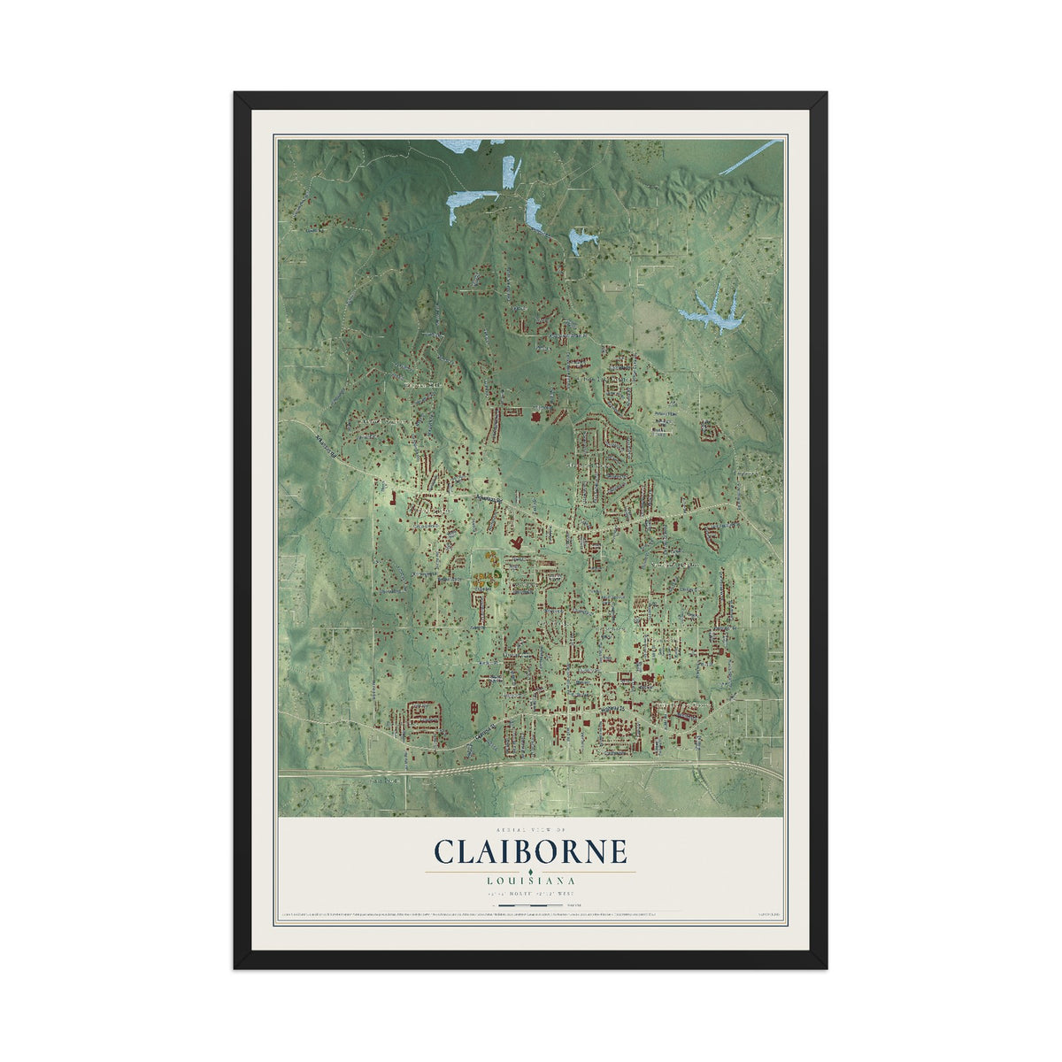 Map of Claiborne, Louisiana, 12 x 18 inch print in a black wood frame