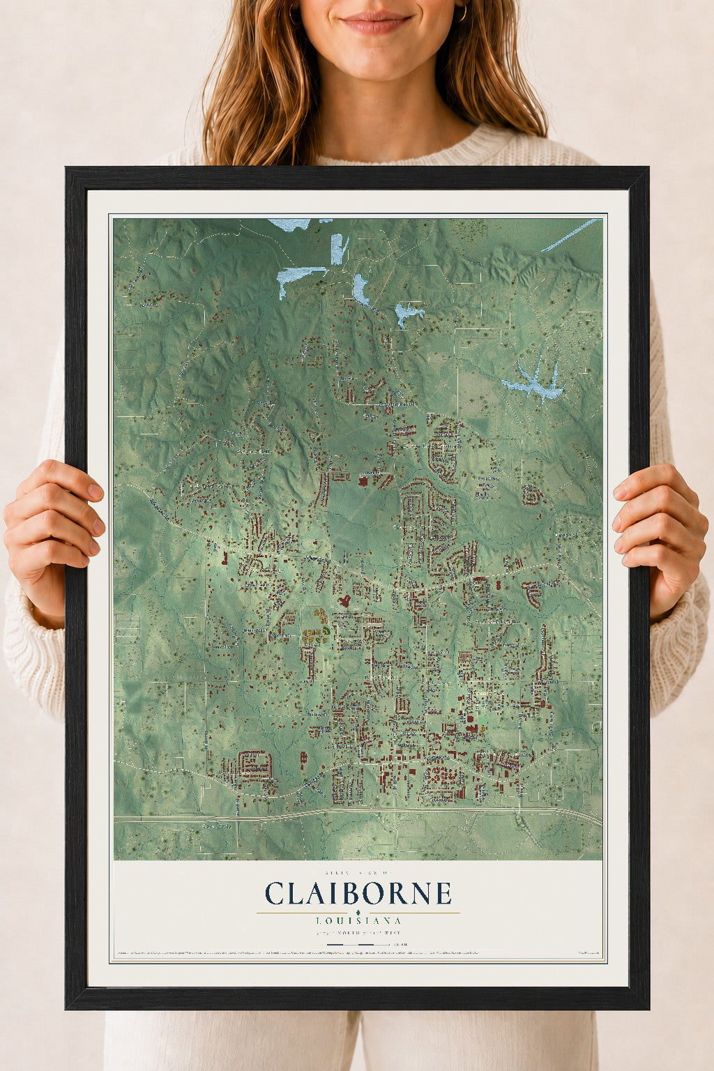 Map of Claiborne, Louisiana, 18 x 24 inch print in a black wood frame