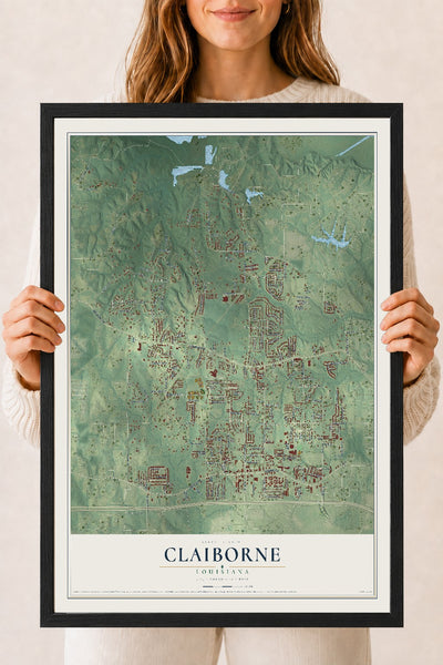 Map of Claiborne, Louisiana, 18 x 24 inch print in a black wood frame