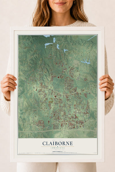 Map of Claiborne, Louisiana, 18 x 24 inch print in a white wood frame