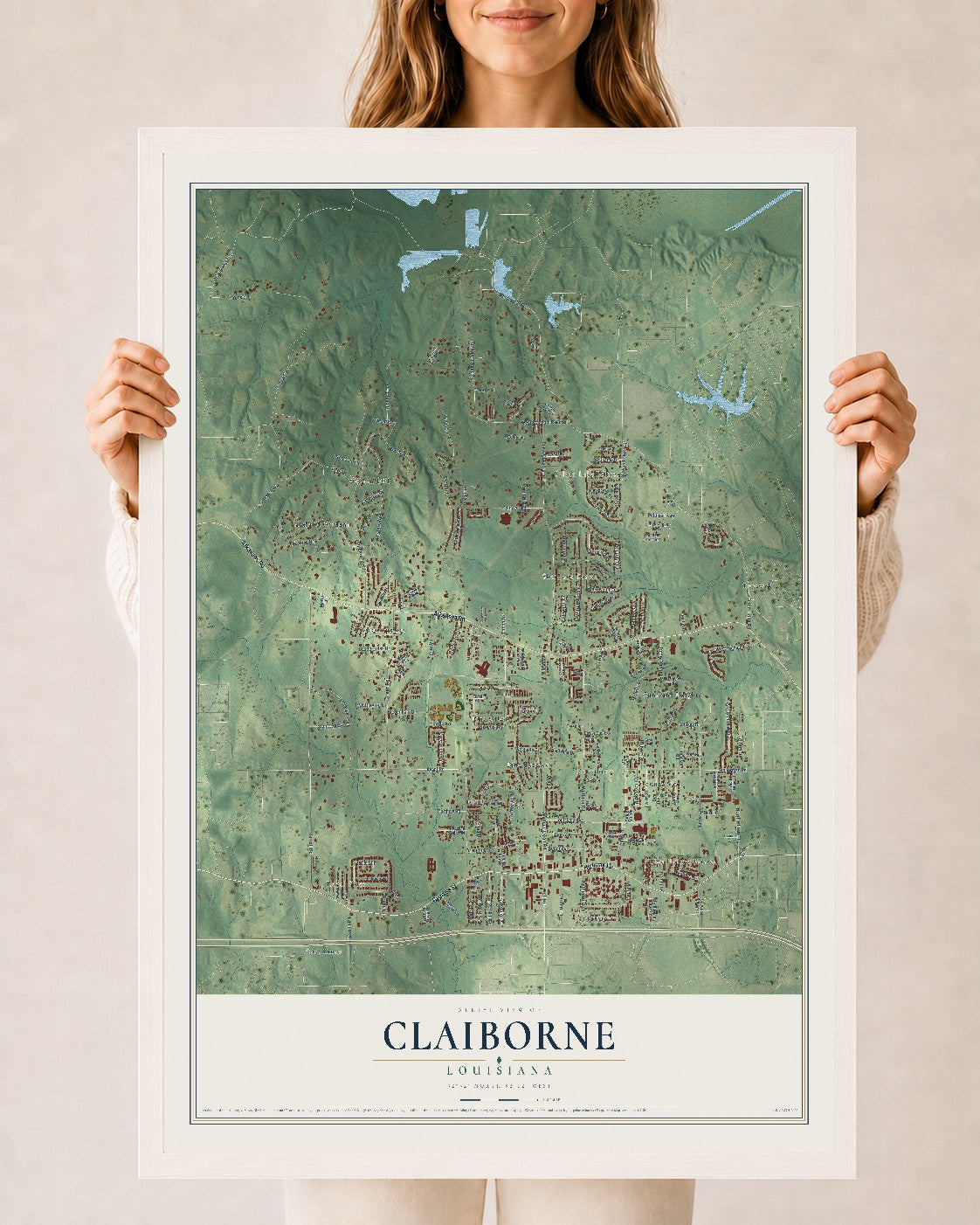 Map of Claiborne, Louisiana, 24 x 36 inch print in a white wood frame
