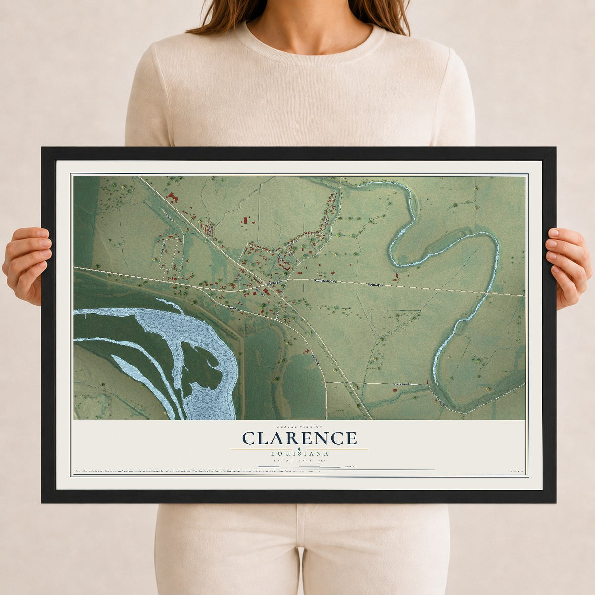 Map of Clarence, Louisiana, 12 x 18 inch print in a black wood frame