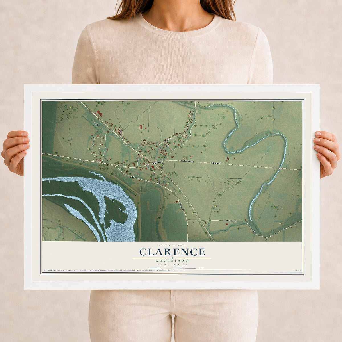 Map of Clarence, Louisiana, 12 x 18 inch print in a white wood frame