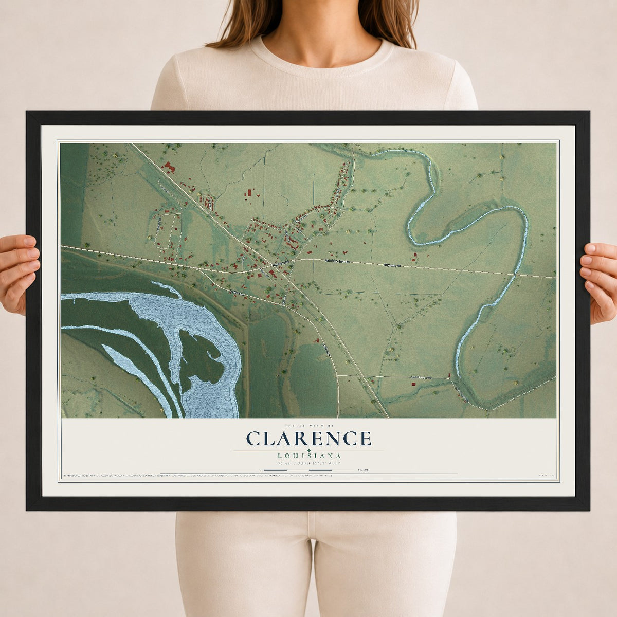 Map of Clarence, Louisiana, 18 x 24 inch print in a black wood frame