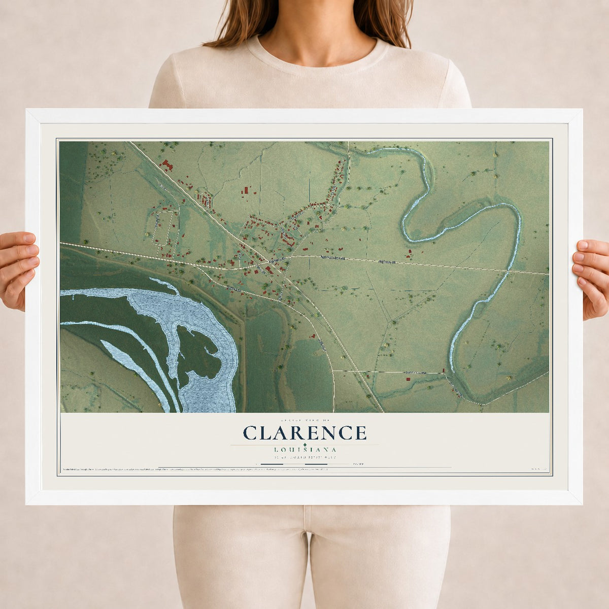 Map of Clarence, Louisiana, 18 x 24 inch print in a white wood frame