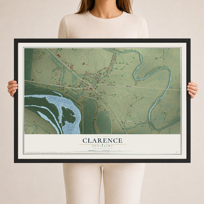Map of Clarence, Louisiana, 24 x 36 inch print in a black wood frame