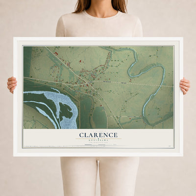 Map of Clarence, Louisiana, 24 x 36 inch print in a white wood frame