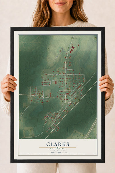 Map of Clarks, Louisiana, 18 x 24 inch print in a black wood frame