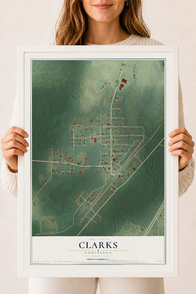Map of Clarks, Louisiana, 18 x 24 inch print in a white wood frame