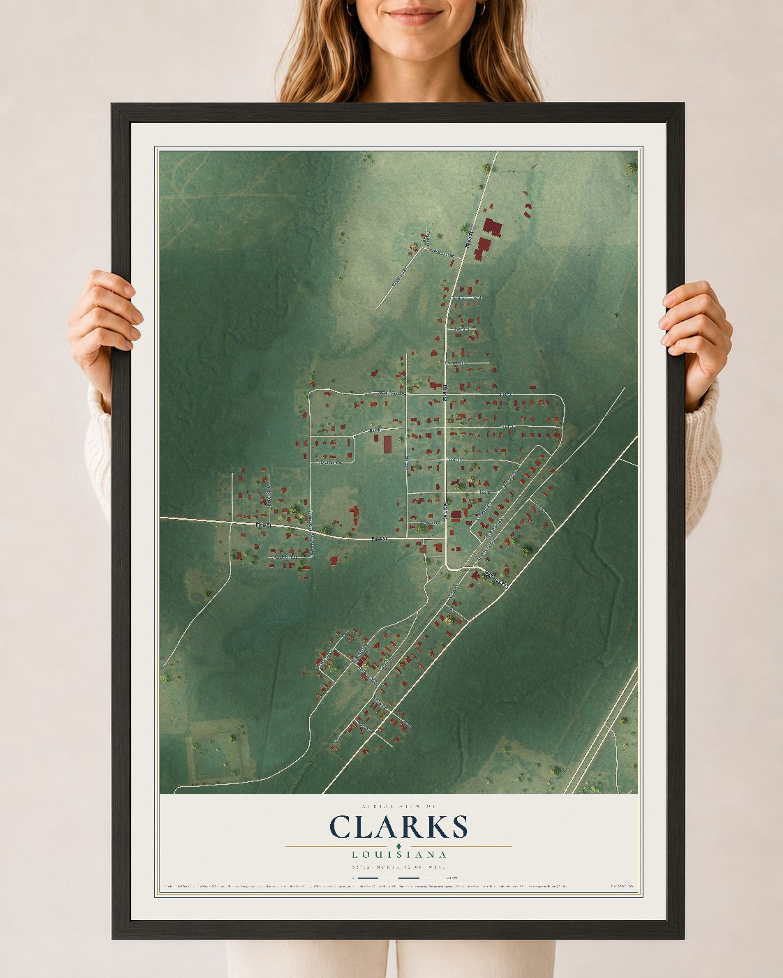 Map of Clarks, Louisiana, 24 x 36 inch print in a black wood frame