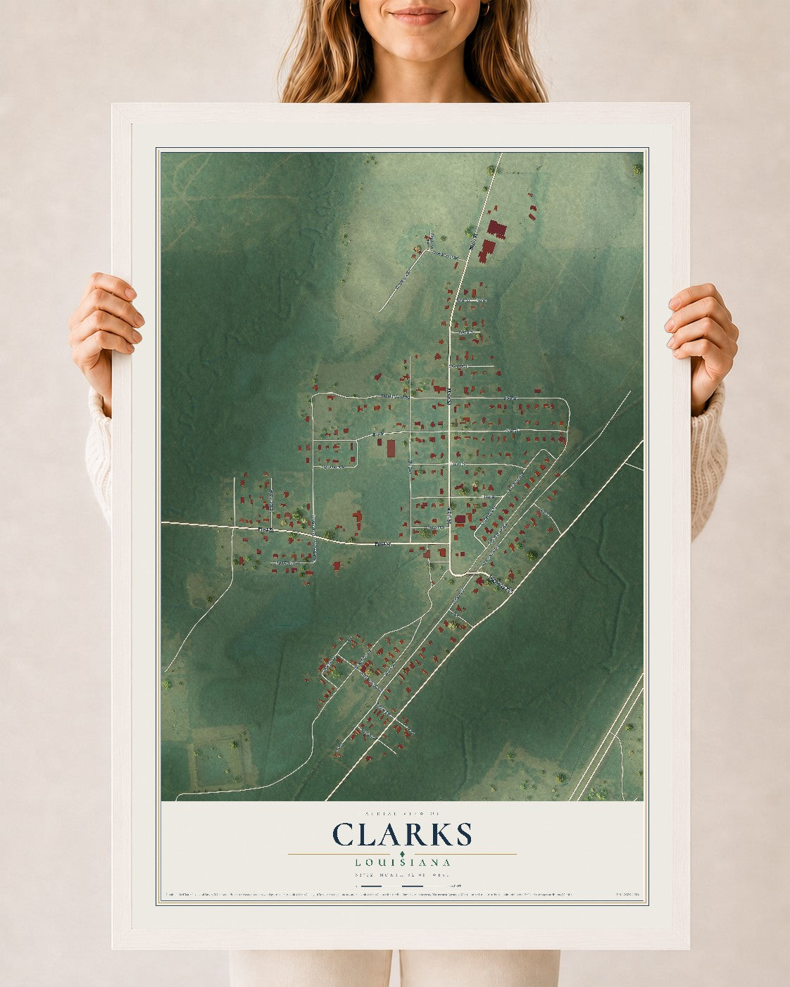 Map of Clarks, Louisiana, 24 x 36 inch print in a white wood frame