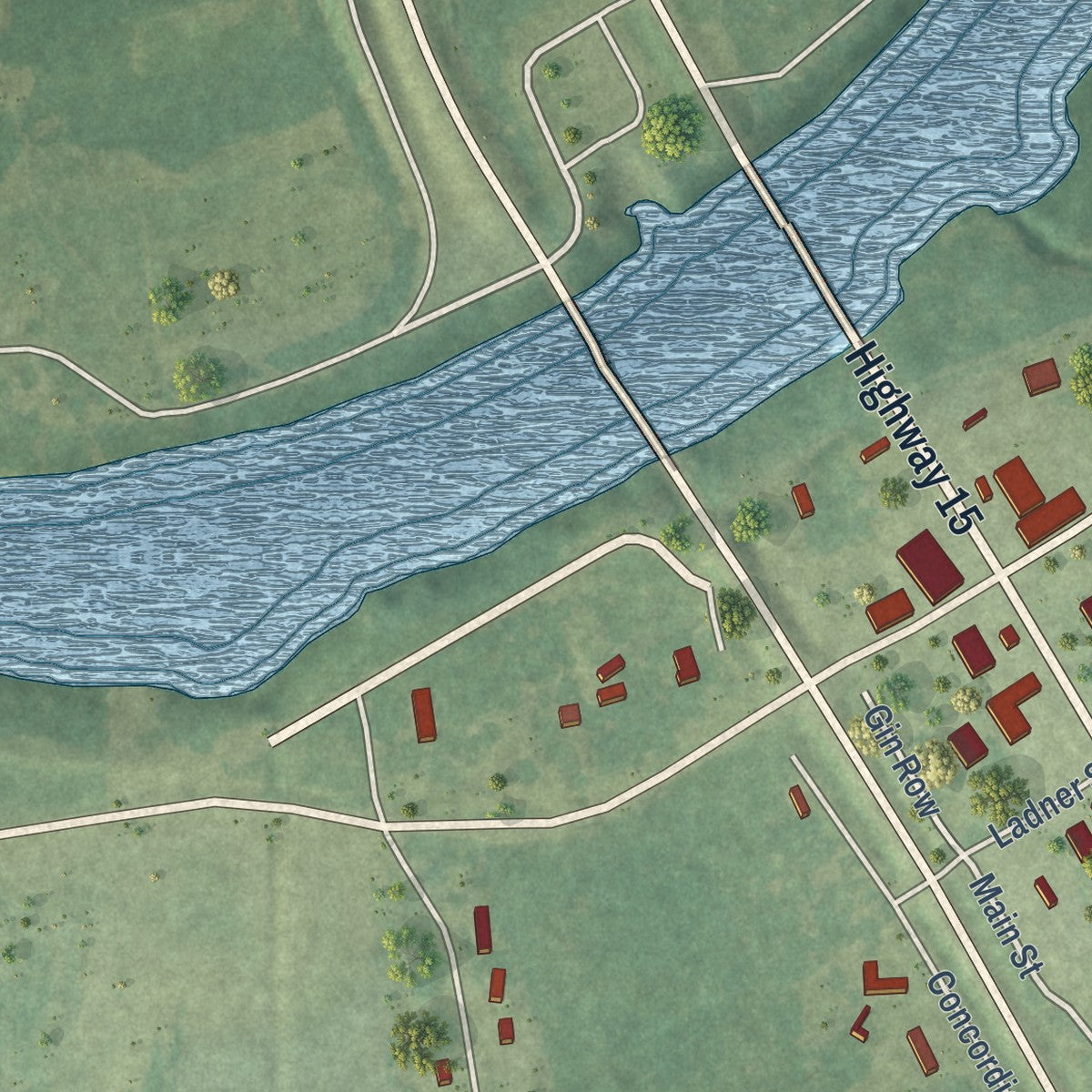 Close-up of the map of Clayton, Louisiana print showing street and building detail