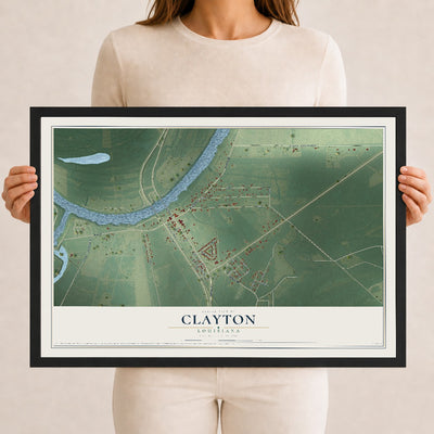 Map of Clayton, Louisiana, 12 x 18 inch print in a black wood frame
