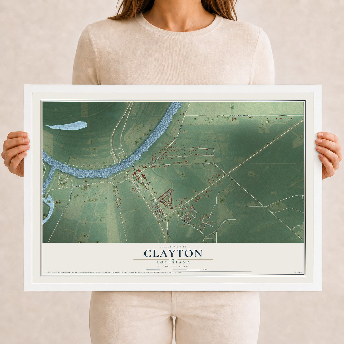Map of Clayton, Louisiana, 12 x 18 inch print in a white wood frame