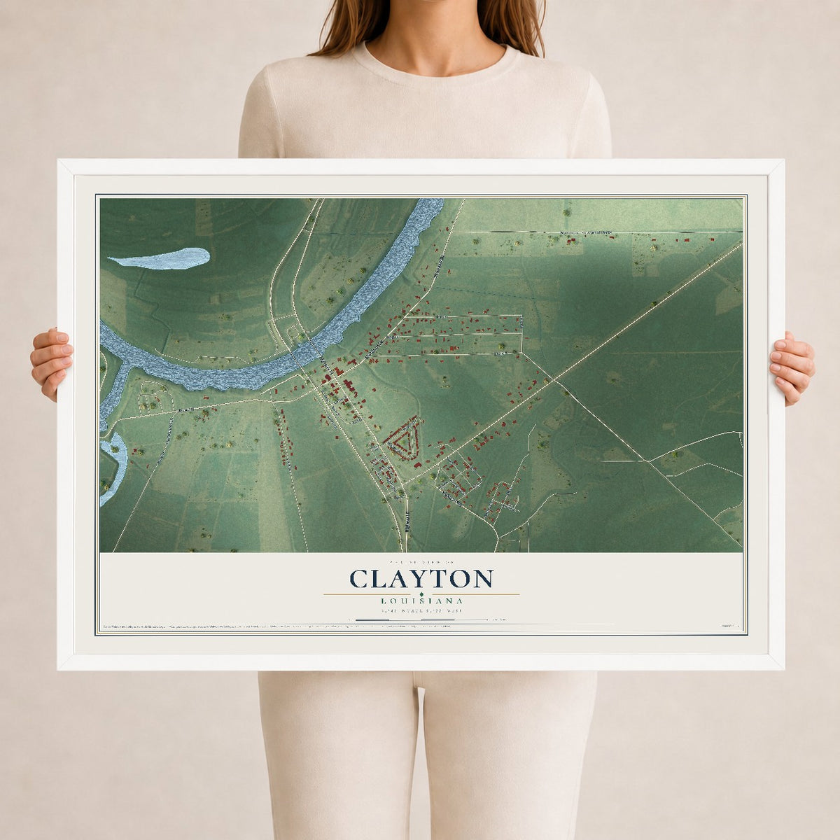 Map of Clayton, Louisiana, 24 x 36 inch print in a white wood frame