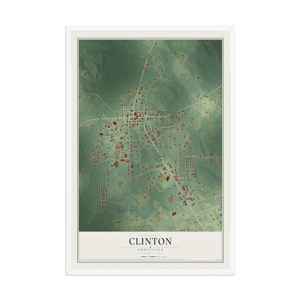 Map of Clinton, Louisiana, 12 x 18 inch print in a white wood frame