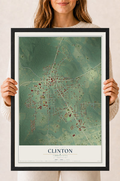 Map of Clinton, Louisiana, 18 x 24 inch print in a black wood frame