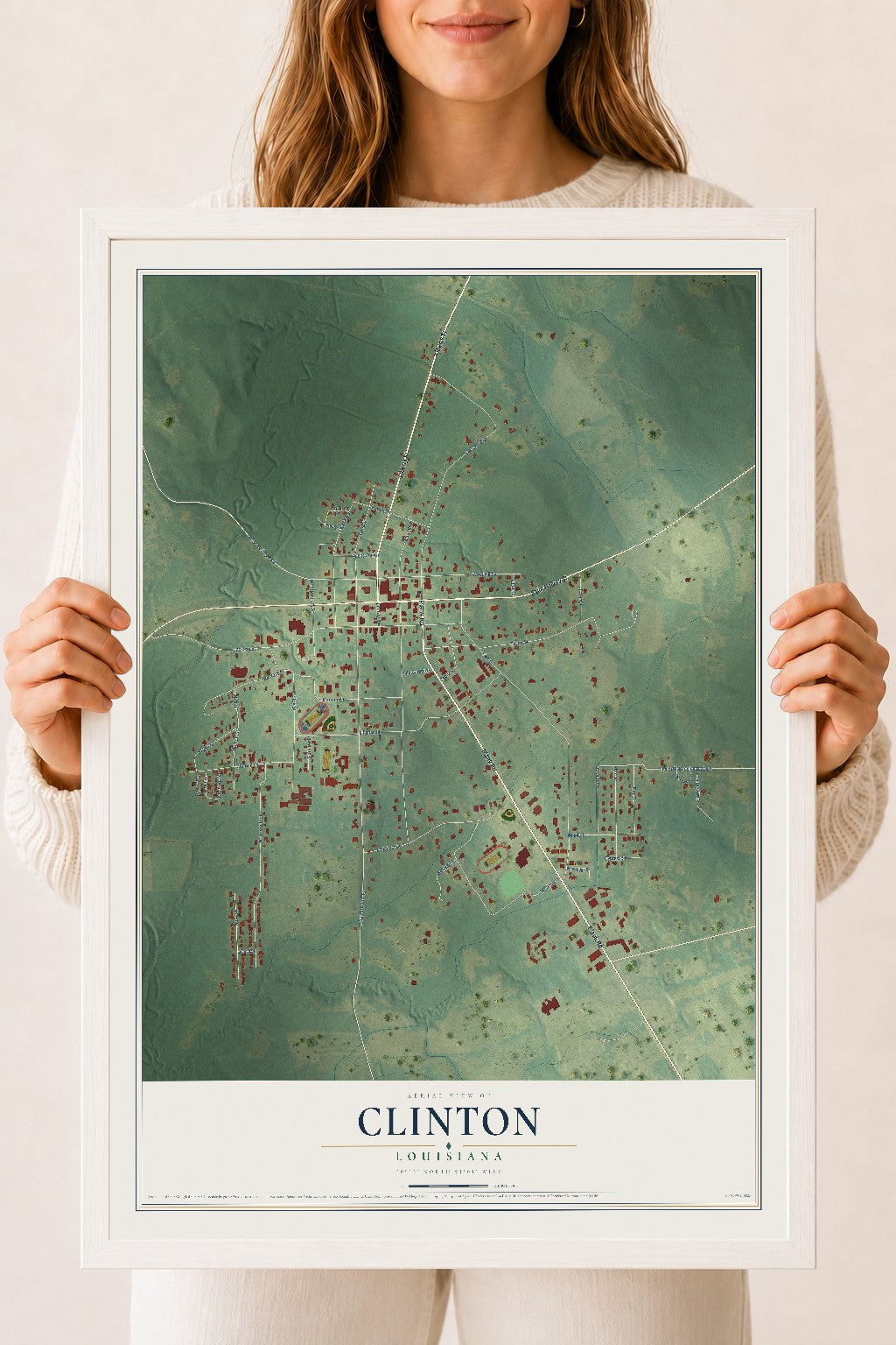 Map of Clinton, Louisiana, 18 x 24 inch print in a white wood frame