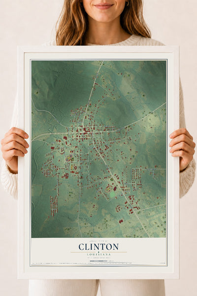 Map of Clinton, Louisiana, 18 x 24 inch print in a white wood frame