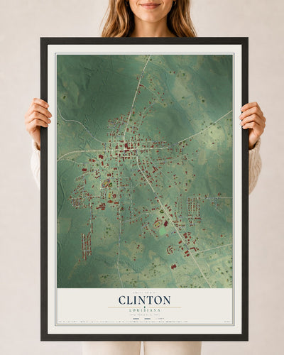 Map of Clinton, Louisiana, 24 x 36 inch print in a black wood frame