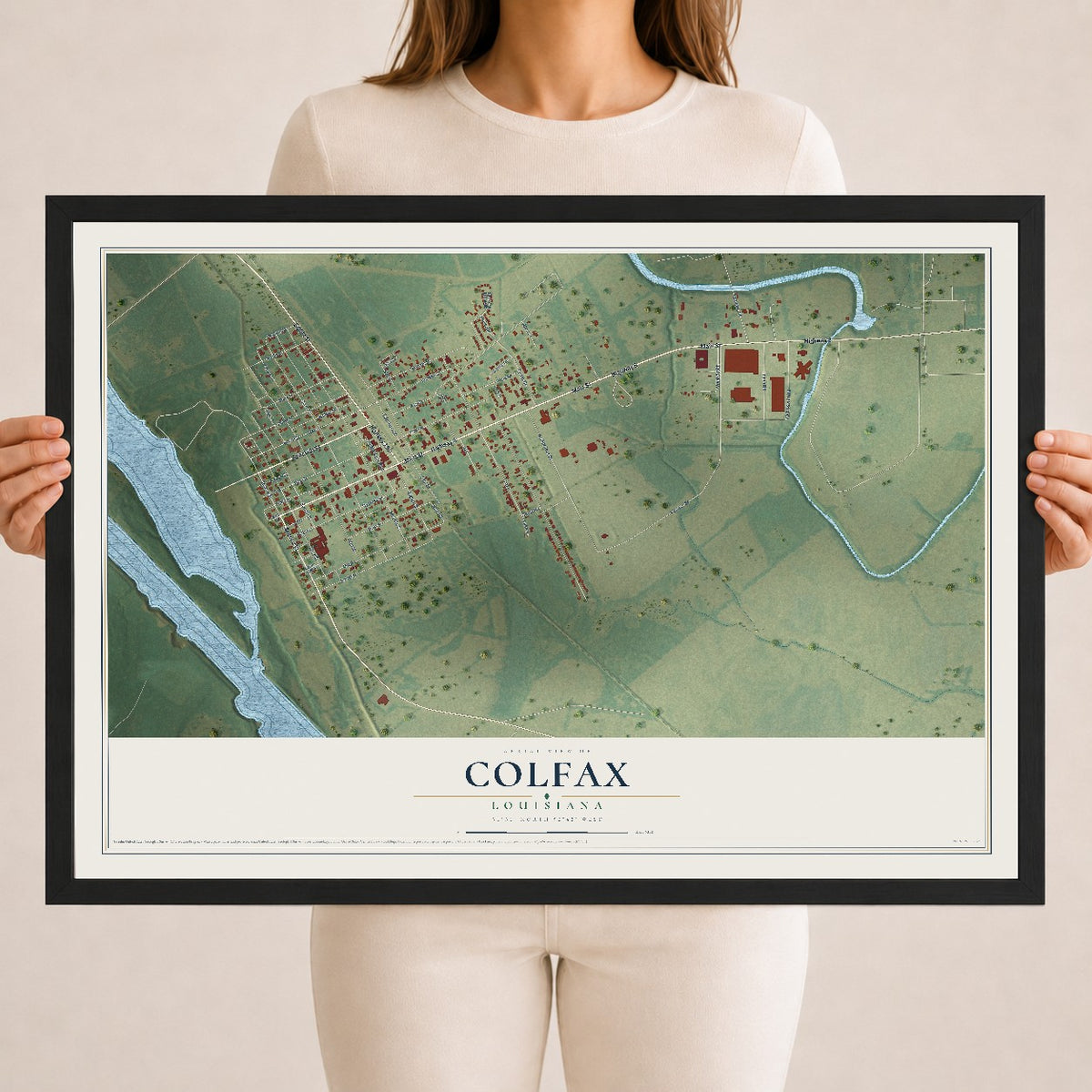 Map of Colfax, Louisiana, 18 x 24 inch print in a black wood frame