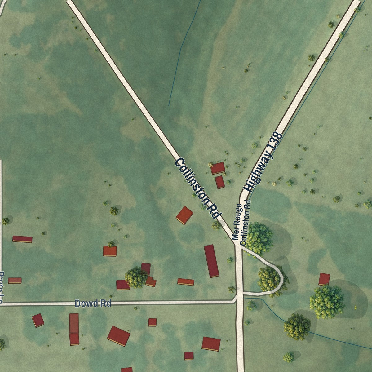 Second close-up of the map of Collinston, Louisiana print showing more streets and buildings