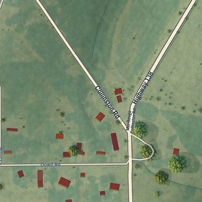 Second close-up of the map of Collinston, Louisiana print showing more streets and buildings