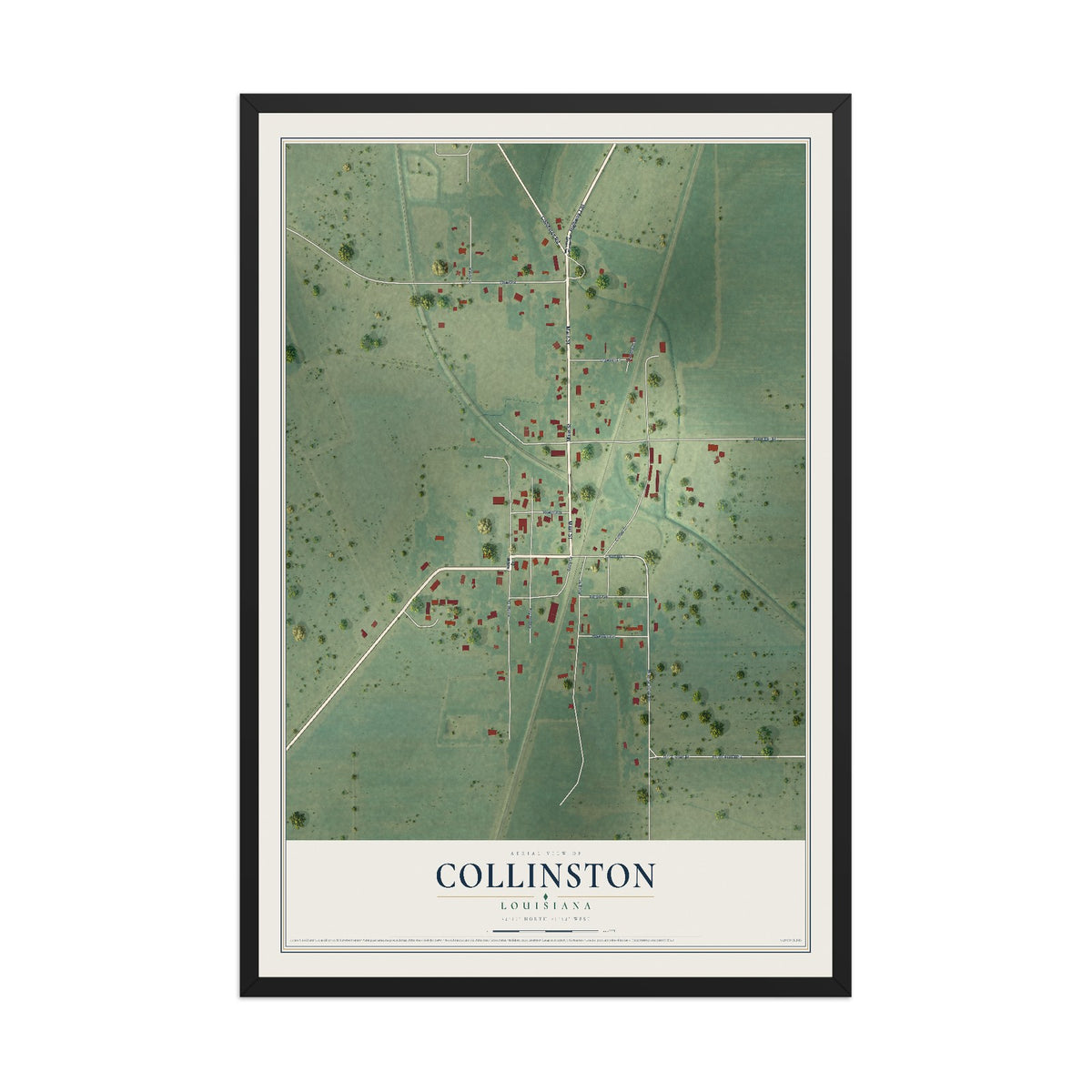 Map of Collinston, Louisiana, 12 x 18 inch print in a black wood frame
