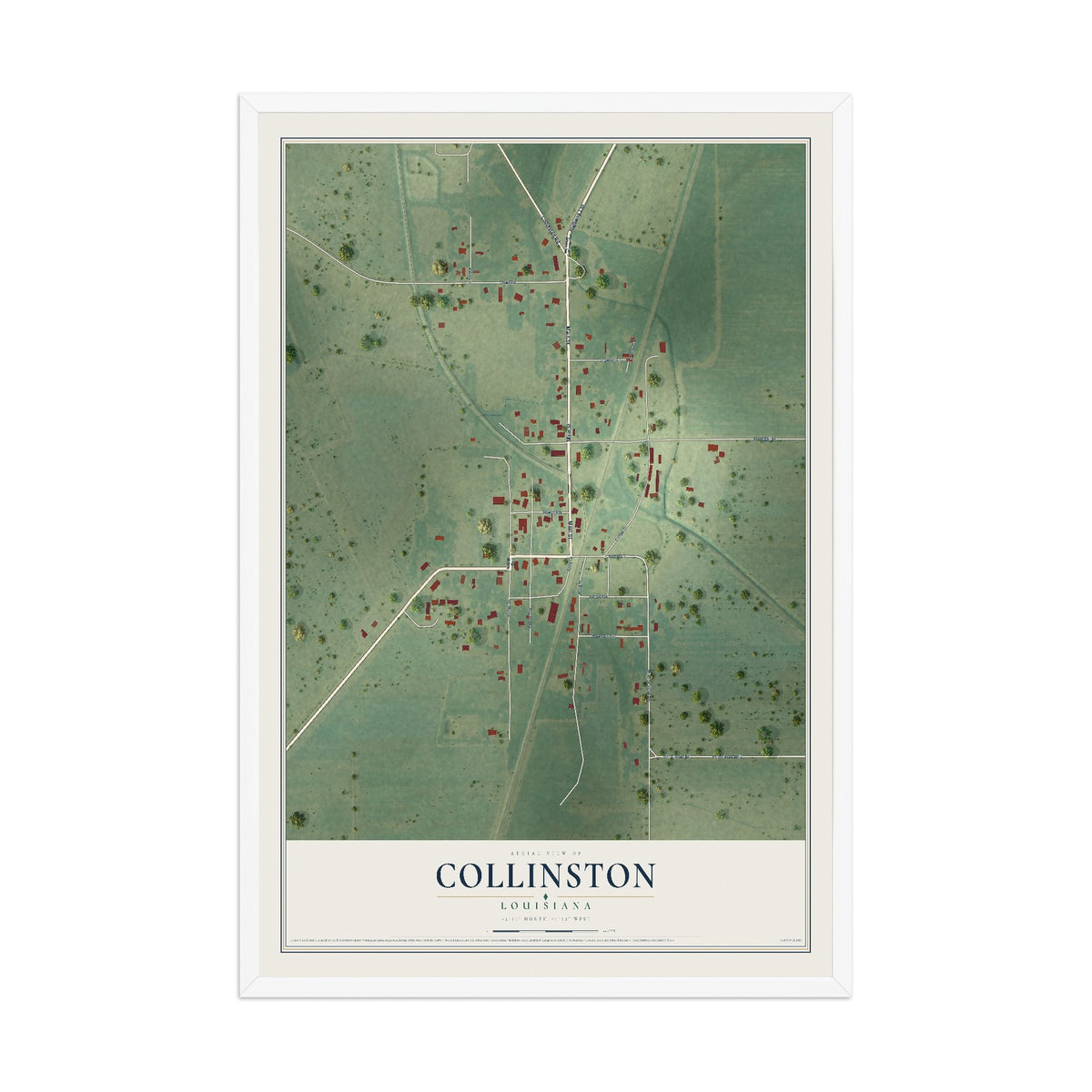 Map of Collinston, Louisiana, 12 x 18 inch print in a white wood frame