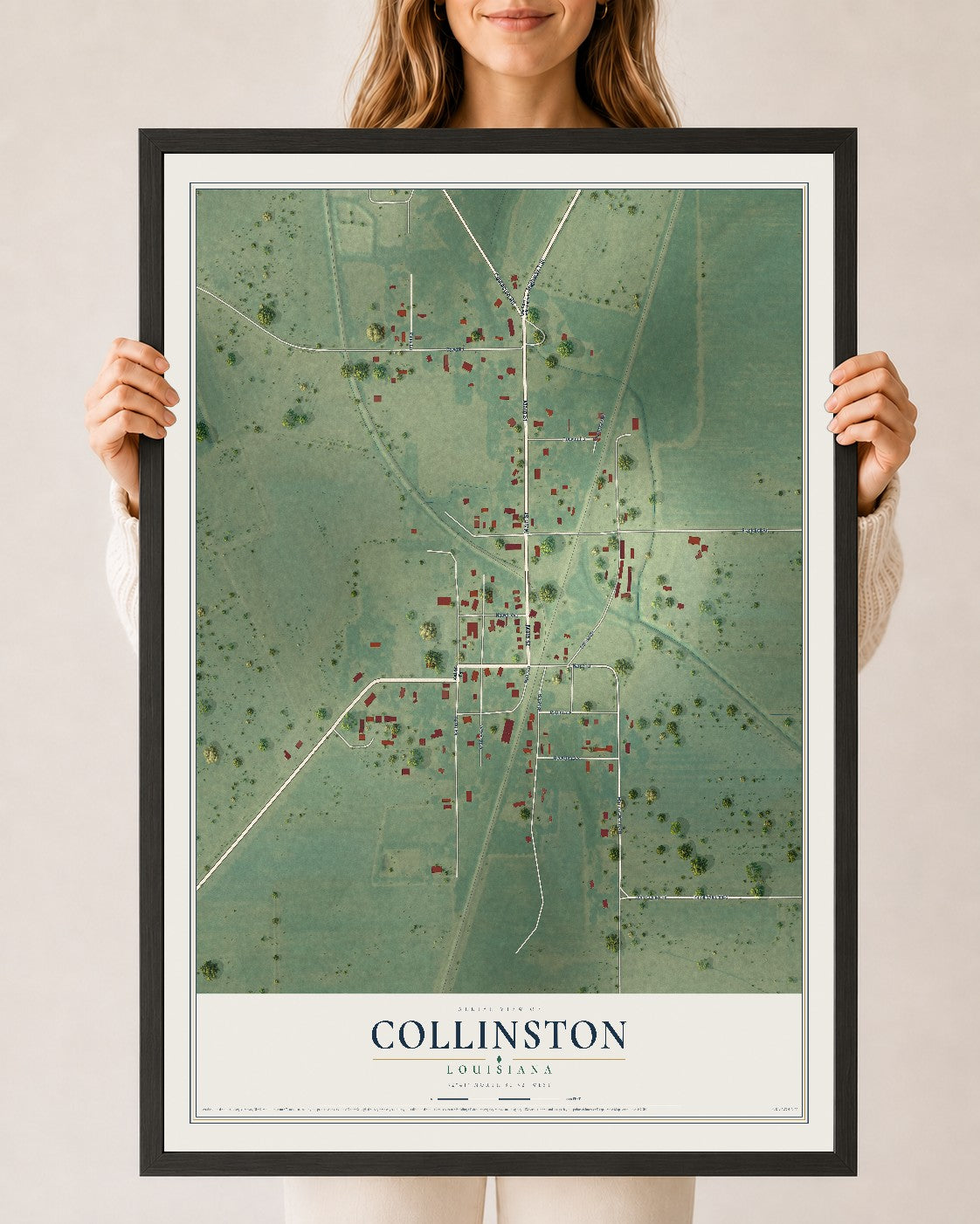 Map of Collinston, Louisiana, 24 x 36 inch print in a black wood frame