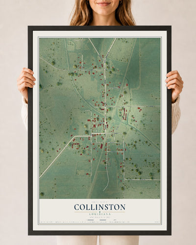 Map of Collinston, Louisiana, 24 x 36 inch print in a black wood frame