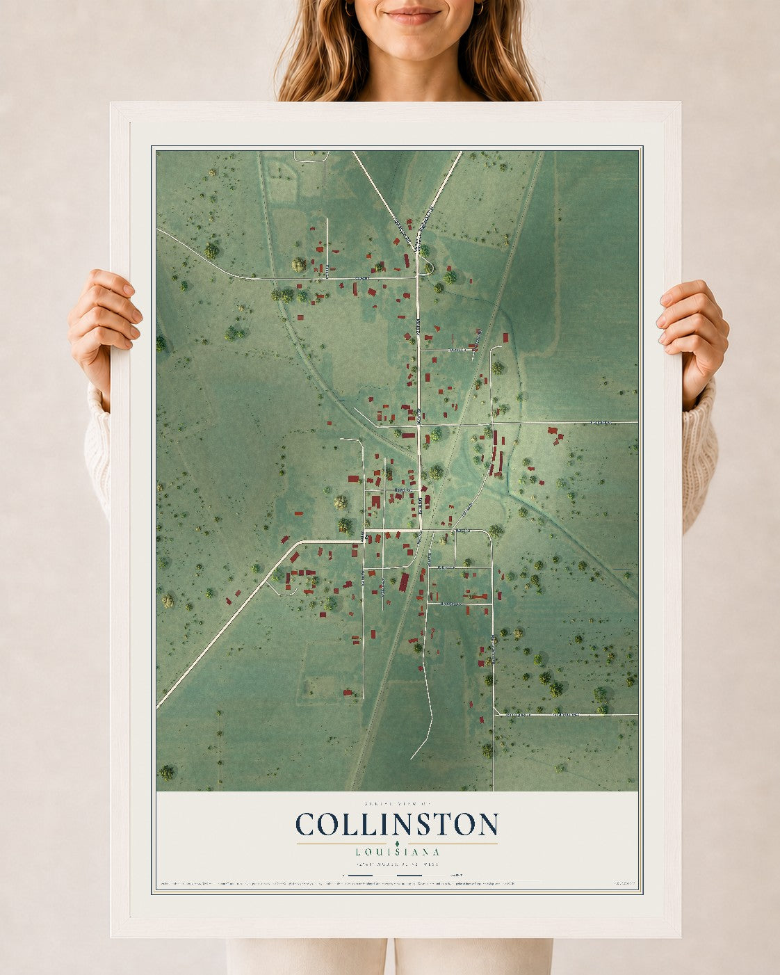 Map of Collinston, Louisiana, 24 x 36 inch print in a white wood frame