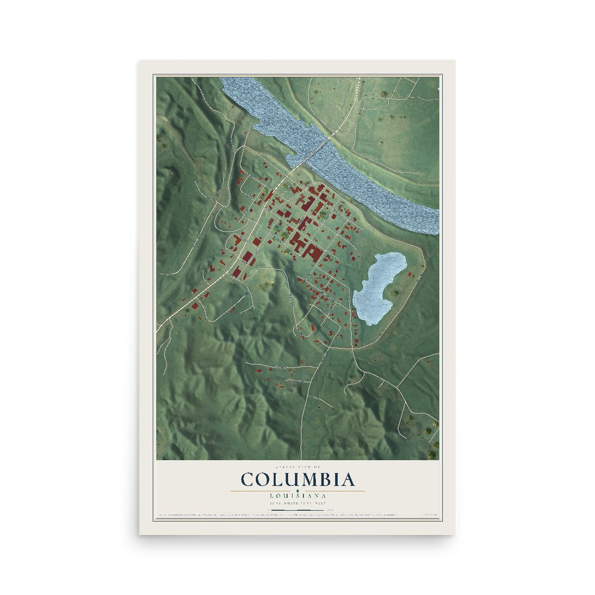 Map of Columbia, Louisiana, 12 x 18 inch unframed archival matte print