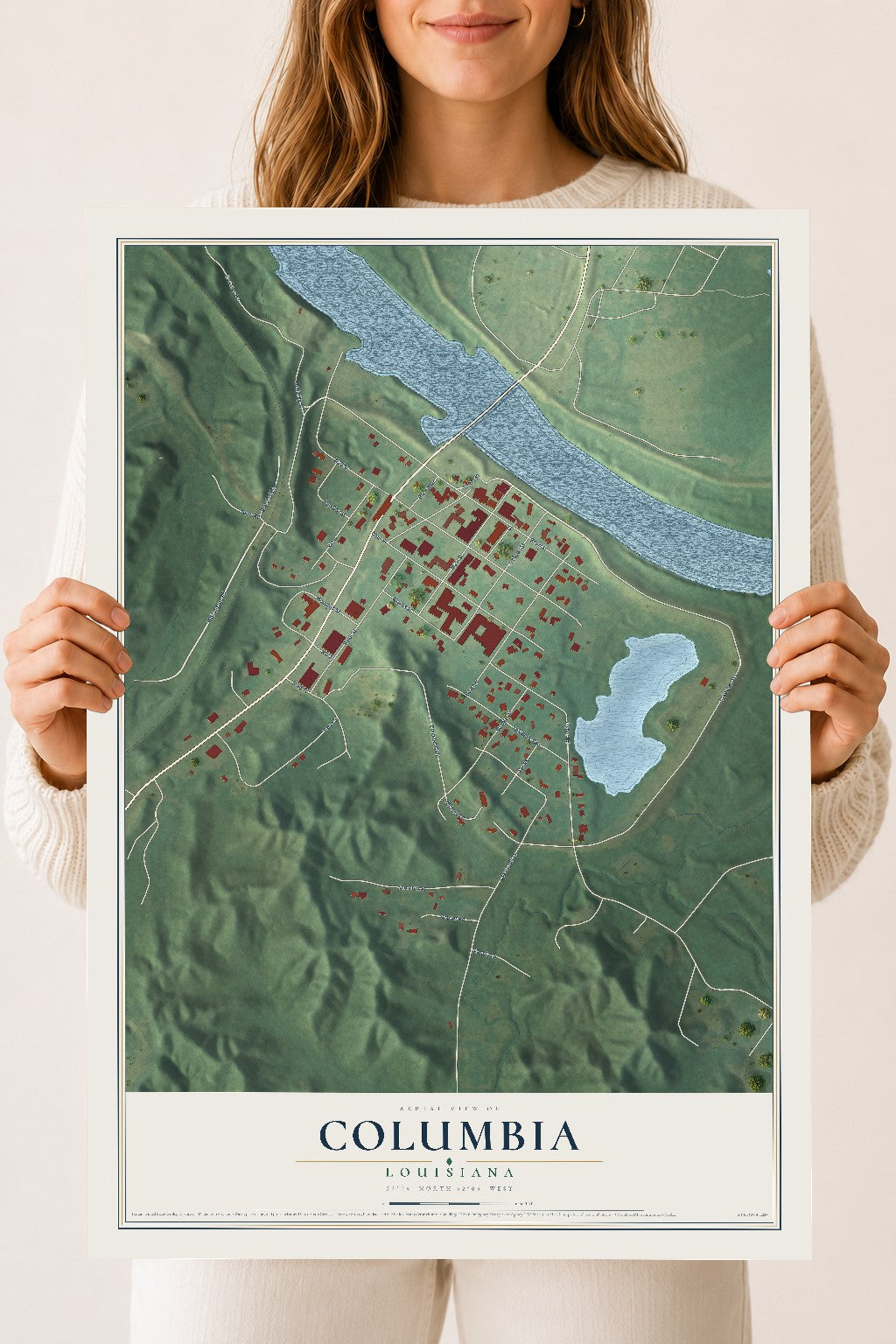 Map of Columbia, Louisiana, 18 x 24 inch unframed archival matte print