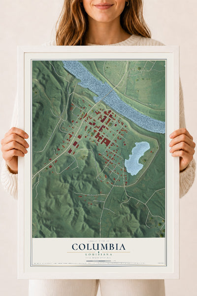 Map of Columbia, Louisiana, 18 x 24 inch print in a white wood frame