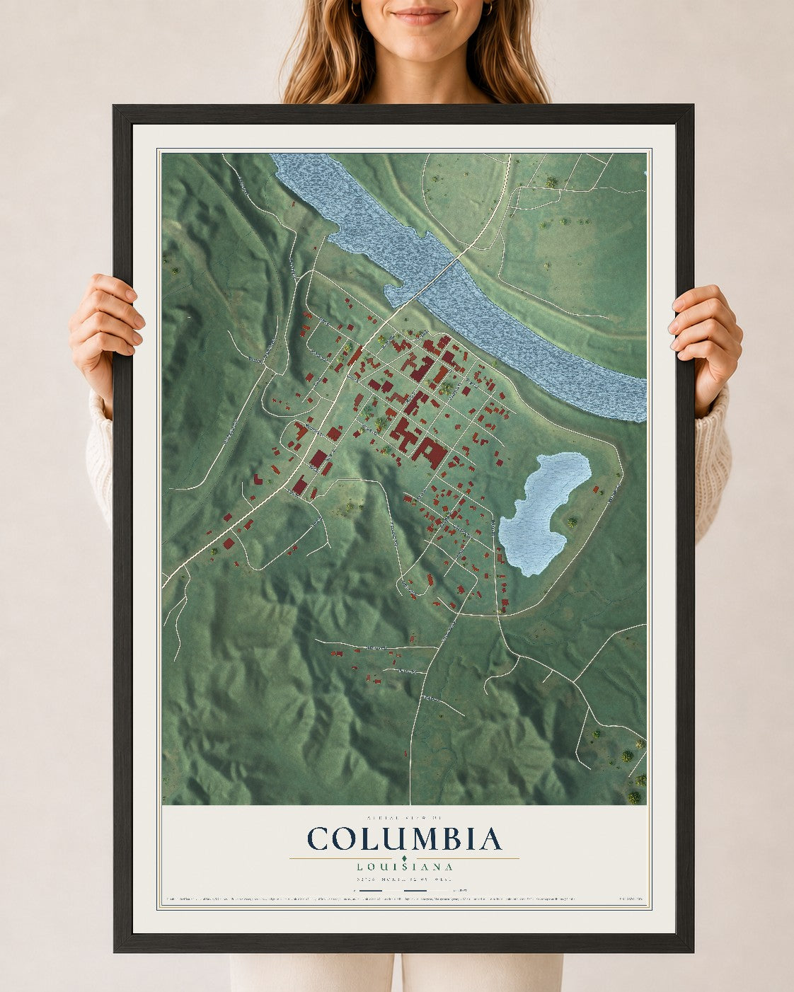 Map of Columbia, Louisiana, 24 x 36 inch print in a black wood frame