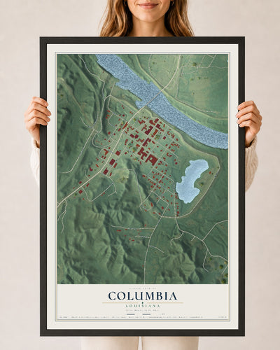 Map of Columbia, Louisiana, 24 x 36 inch print in a black wood frame