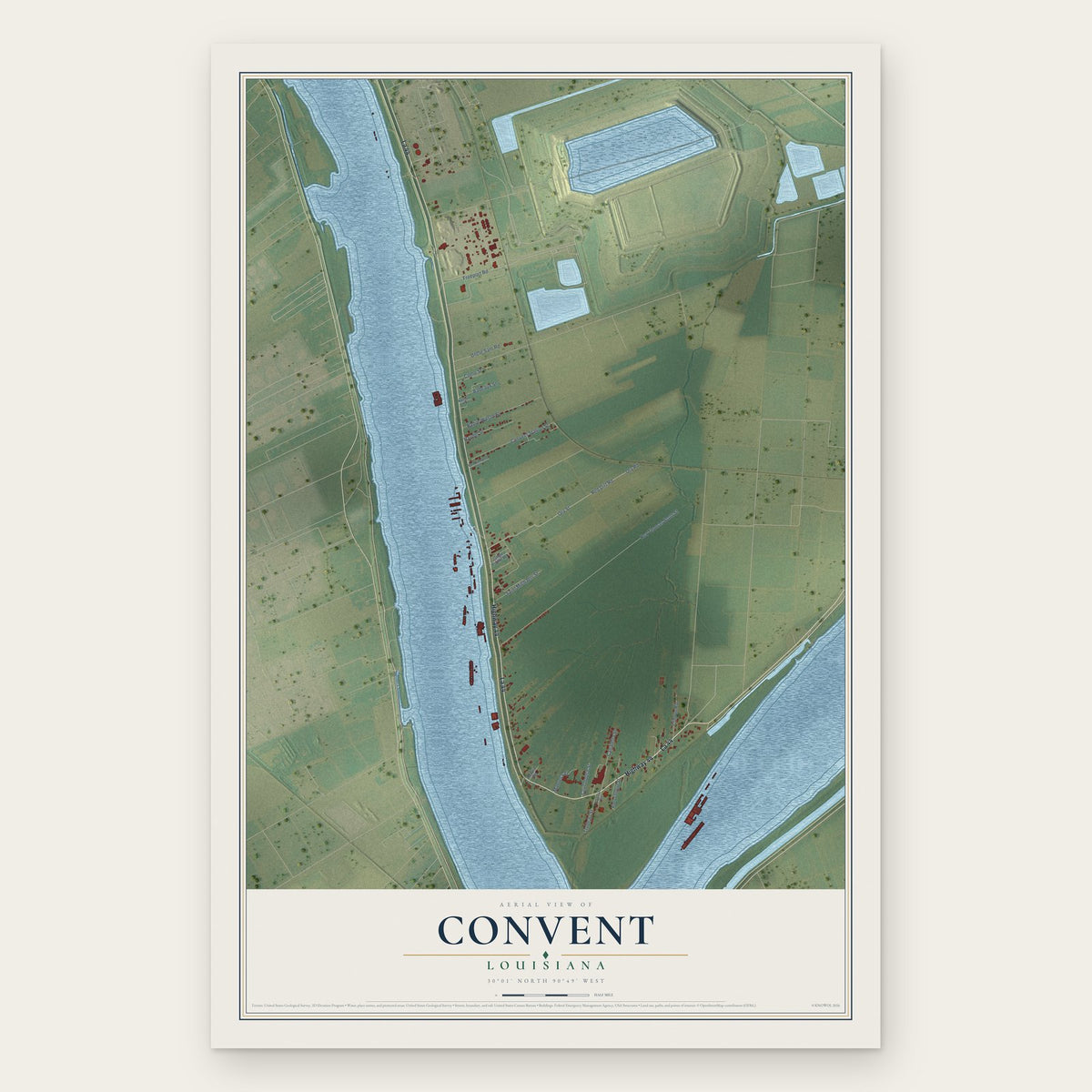 Convent, Louisiana map print, the full design
